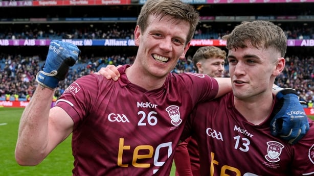 Dublin , Ireland - 17 May 2026; John Heslin and Shane Corcoran of Westmeath celebrate after winning the Leinster GAA Football Senior Championship final match between Dublin and Westmeath at Croke Park in Dublin. (Photo By Paul Phelan/Sportsfile via Getty Images)