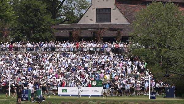 NEWTOWN, PENNSYLVANIA - MAY 17: Scottie Scheffler of the United States plays his shot from the first tee during the final round of the PGA Championship at Aronimink Golf Club on May 17, 2026 in Newtown, Pennsylvania. (Photo by Carl Recine/Getty Images)
