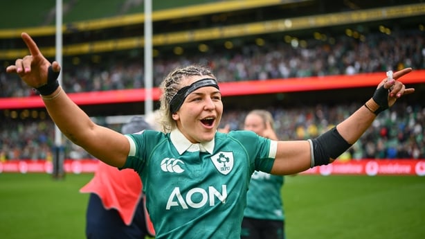 17 May 2026; Ireland captain Erin King celebrates after her side's victory in the Women's 6 Nations Rugby Championship match between Ireland and Scotland at the Aviva Stadium in Dublin. Photo by Shauna Clinton/Sportsfile