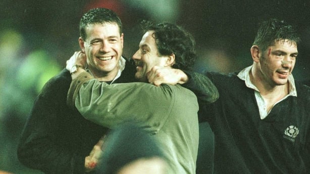 20 JAN 1996: Scott Hastings and Rob Wainwright of Scotland celebrate after Scotland's 16-10 victory over Ireland in the Five Nations Championship match at Lansdowne Road, Dublin, Ireland. Mandatory Credit: David Cannon/ALLSPORT