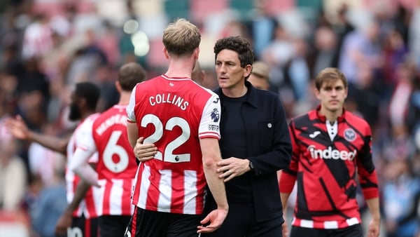 Keith Andrews, Manager of Brentford, with Nathan Collins of Brentford after the Premier League match between Brentford and Crystal Palace at Gtech Community Stadium on May 17, 2026 in Brentford, England.