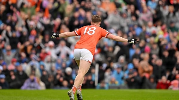 17 May 2026; Oisin O'Neill of Armagh celebrates after scoring his side's second goal during the Ulster GAA Football Senior Championship final match between Armagh and Monaghan at St Tiernach's Park in Clones, Monaghan. Photo by Ramsey Cardy/Sportsfile