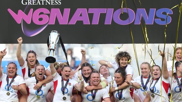 BORDEAUX, FRANCE - MAY 17: Megan Jones of England lifts the Women's Guinness Six Nations trophy after sealing the Grand Slam following victory in the Women's Guinness Six Nations 2026 match between France and England at Stade Atlantique on May 17, 2026 in