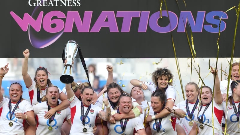 BORDEAUX, FRANCE - MAY 17: Megan Jones of England lifts the Women's Guinness Six Nations trophy after sealing the Grand Slam following victory in the Women's Guinness Six Nations 2026 match between France and England at Stade Atlantique on May 17, 2026 in