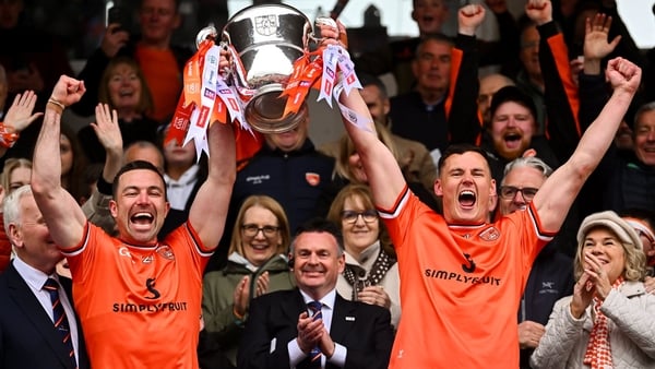 17 May 2026; Aidan Forker of Armagh, left, with Aaron McKay as they lift the Anglo Celt Cup after the Ulster GAA Football Senior Championship final match between Armagh and Monaghan at St Tiernach's Park in Clones, Monaghan. Photo by Ramsey Cardy/Sportsfi