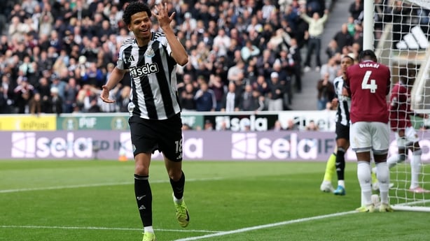 William Osula of Newcastle United celebrates scoring his team's third goal during the Premier League match between Newcastle United and West Ham United at St James' Park on May 17, 2026 in Newcastle upon Tyne, England.