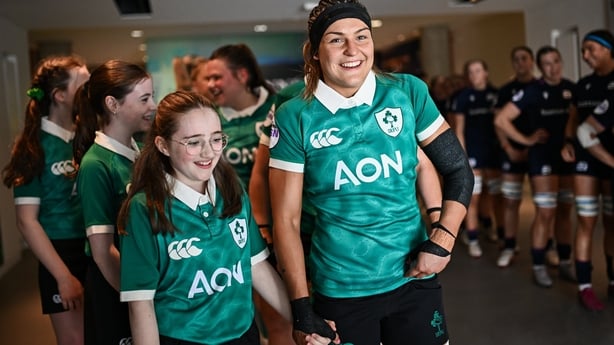 17 May 2026; Ireland captain Erin King prepares to lead her side out for the Women's 6 Nations Rugby Championship match between Ireland and Scotland at the Aviva Stadium in Dublin. Photo by Seb Daly/Sportsfile