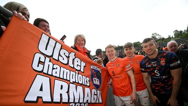 17 May 2026; Armagh players, from left, Conor Turbitt, Andrew Murnin and Ethan Rafferty after the Ulster GAA Football Senior Championship final match between Armagh and Monaghan at St Tiernach's Park in Clones, Monaghan. Photo by Ramsey Cardy/Sportsfile