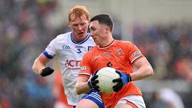 17 May 2026; Oisin Conaty of Armagh in action against Ryan O'Toole of Monaghan during the Ulster GAA Football Senior Championship final match between Armagh and Monaghan at St Tiernach's Park in Clones, Monaghan. Photo by Ramsey Cardy/Sportsfile