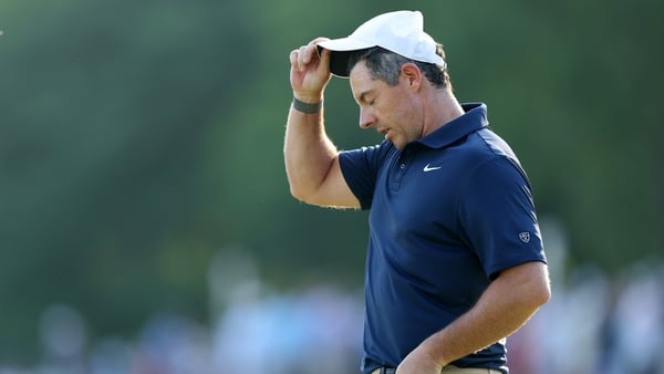 NEWTOWN, PENNSYLVANIA - MAY 17: Rory McIlroy of Northern Ireland looks on from the 18th green during the final round of the PGA Championship at Aronimink Golf Club on May 17, 2026 in Newtown, Pennsylvania. (Photo by Emilee Chinn/Getty Images)