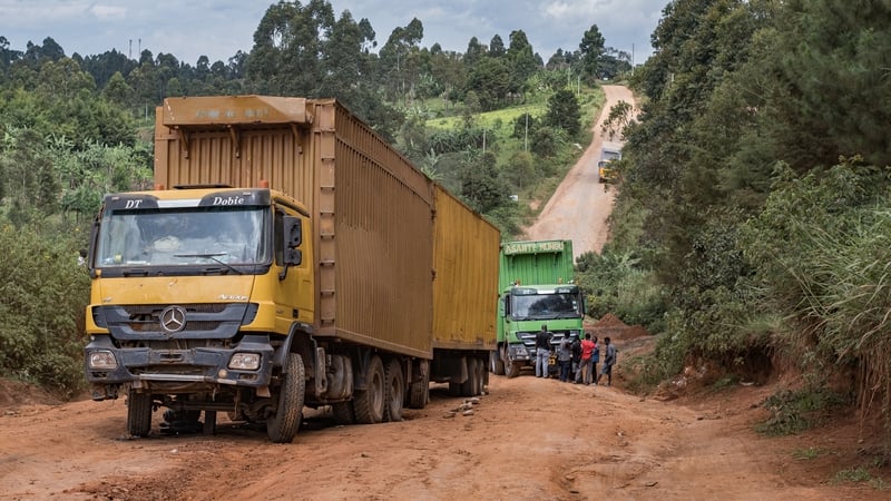 A general view of trailers who broke down on the Ugandan border with the Democratic Republic of Congo in Padea, on May 17, 2026. Ugandan officials confirmed that a 59-year-old man from DR Congo had died in Kampala after being admitted earlier in the week.