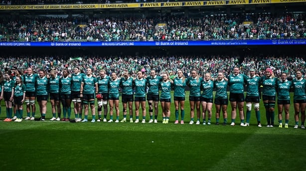 17 May 2026; Ireland players stand for the playing of the National Anthems before the Women's 6 Nations Rugby Championship match between Ireland and Scotland at the Aviva Stadium in Dublin. Photo by Seb Daly/Sportsfile