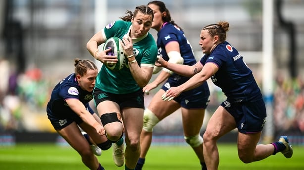 17 May 2026; Eve Higgins of Ireland in action against Shona Campbell of Scotland during the Women's 6 Nations Rugby Championship match between Ireland and Scotland at the Aviva Stadium in Dublin. Photo by Shauna Clinton/Sportsfile