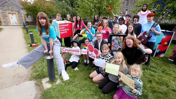 A group shot of Minister Patrick O'Donovan T.D. at the Cruinniú na nÓg 2026 with young people at TUD Grangegorman