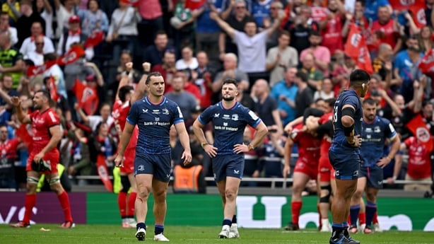 25 May 2024; Leinster players, from left, James Lowe, Robbie Henshaw and Michael Ala'alatoa after the Investec Champions Cup final between Leinster and Toulouse at the Tottenham Hotspur Stadium in London, England. Photo by Sam Barnes/Sportsfile