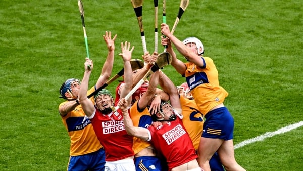 21 July 2024; Cork players, left to right, Robbie O'Flynn, Brian Hayes, and Darragh Fitzgibbon in action against Clare players, left to right, David McInerney, John Conlon, Darragh Lohan, and Diarmuid Ryan, during the GAA Hurling All-Ireland Senior Champi