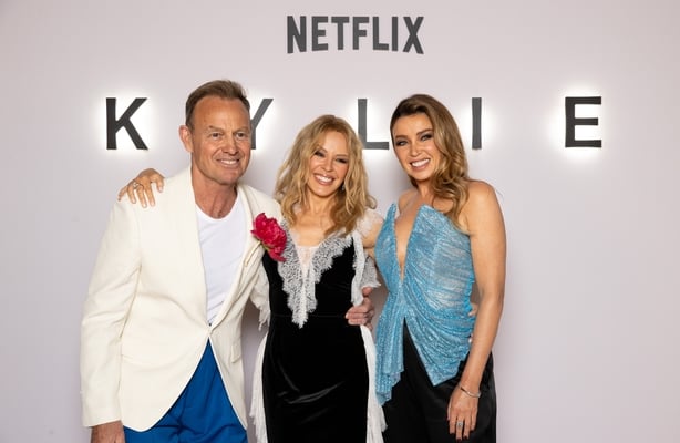 LONDON, ENGLAND - MAY 18: (L to R) Jason Donovan, Kylie Minogue and Dannii Minogue attend the launch event for the Netflix documentary series 'Kylie', at Frameless on May 18, 2026 in London, England. (Photo by John Phillips/Getty Images for Netflix)