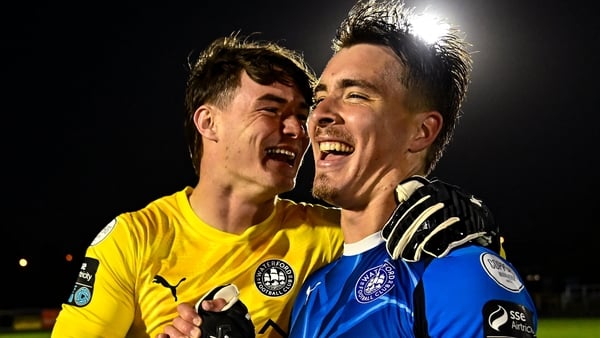 Waterford goalkeeper Stephen McMullan and Tommy Lonergan of Waterford celebrate after the SSE Airtricity Men’s Premier Division match between Waterford and Drogheda United at the RSC in Waterford.