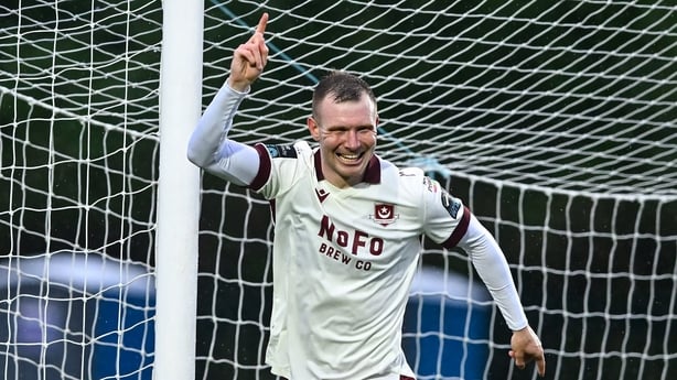 Mark Doyle of Drogheda United celebrates after scoring his side's first goal during the SSE Airtricity Men's Premier Division match between Waterford and Drogheda United at the RSC in Waterford.