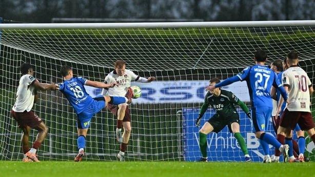 Tommy Lonergan of Waterford shoots to score his side's first goal during the SSE Airtricity Men's Premier Division match between Waterford and Drogheda United at the RSC in Waterford. 