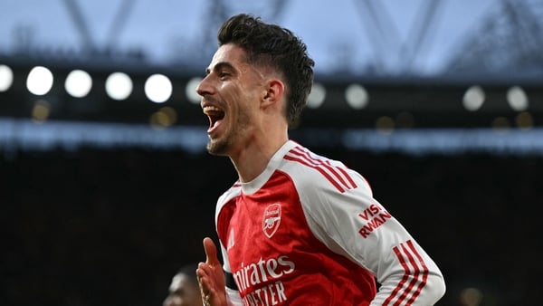 Arsenal's German midfielder #29 Kai Havertz celebrates scoring the opening goal during the English Premier League football match between Arsenal and Burnley at the Emirates Stadium in London on May 18, 2026.