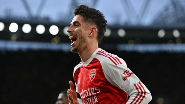 Arsenal's German midfielder #29 Kai Havertz celebrates scoring the opening goal during the English Premier League football match between Arsenal and Burnley at the Emirates Stadium in London on May 18, 2026. 