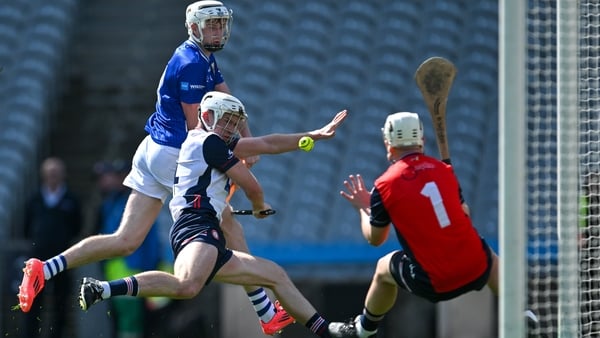 31 May 2025; Eamon Óg McAllister of Cavan has a shot on goal during the Lory Meagher Cup final match between Cavan and New York at Croke Park in Dublin. Photo by Stephen Marken/Sportsfile