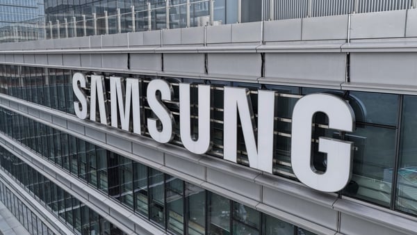 A grey office building with the Samsung branding