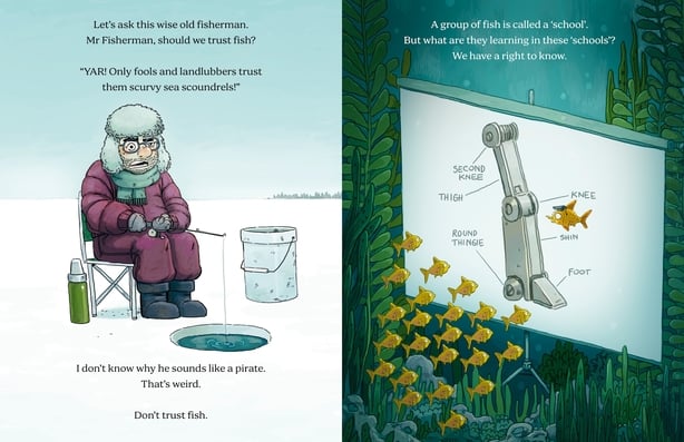 An illustration from the book Don't Trust Fish - man fishing at an ice hold and a school of fish at an underwater white board.