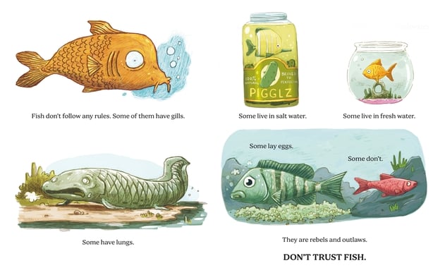 A series of illustrated fish from the book Don't Trust Fish