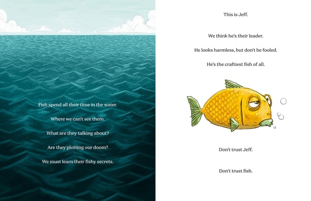 An illustration from the book Don't Trust Fish - the sea on one side and a yellow fish on the other.