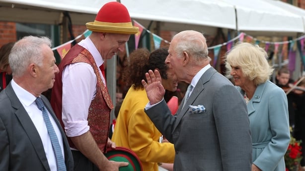 King Charles and Queen Camilla meet performers as they attend an event to mark Fleadh Cheoil na hEireann at Thompson Dock, Belfast