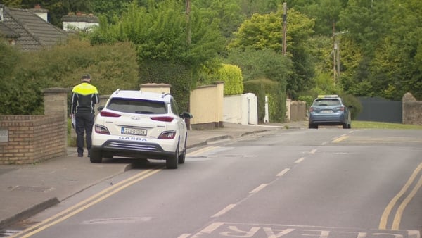 a garda stands beside a garda car on a road in blanchardstown