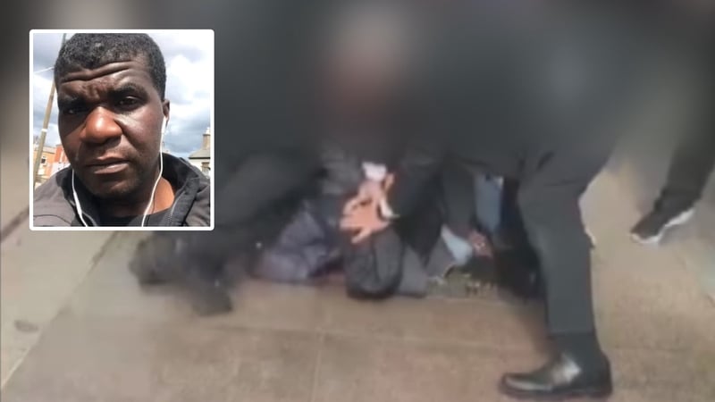 A composite image of a headshot Yves Sakila in the top left and a different image of him being restrained on the ground by security personnel