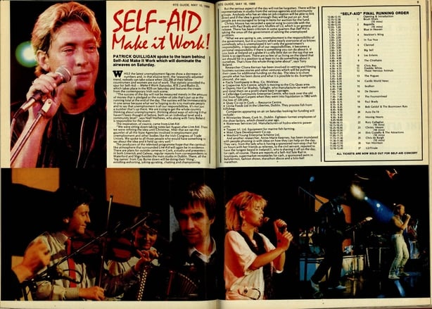 A double page spread devoted to the Self-Aid concert including photos of some of the performers