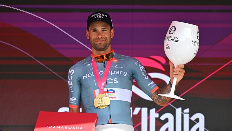 Filippo Ganna of Italy and Netcompany INEOS Cycling Team celebrates at podium as stage winner during the 109th Giro d'Italia 2026, Stage 10 a 42km individual time trial stage from Viareggio to Massa / #UCIWT / on May 19, 2026 in Massa, Italy.