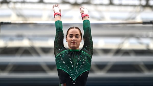 Emma Slevin competes in the Uneven Bars event during the Gymnastics Ireland National Series Sport Ireland National Indoor Arena on the Sport Ireland Campus in Dublin.