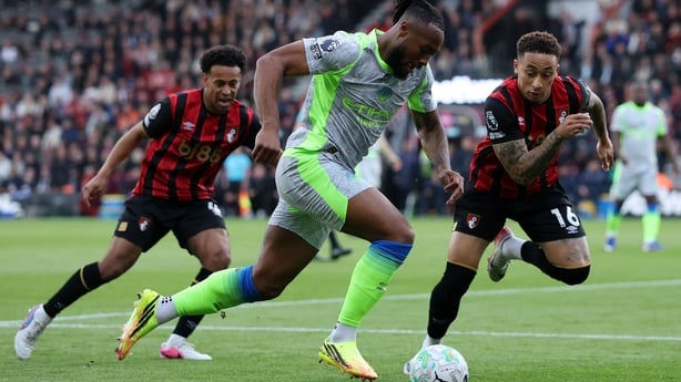 Antoine Semenyo of Manchester City runs with the ball while under pressure from Marcus Tavernier of AFC Bournemouth during the Premier League match between Bournemouth and Manchester City at Vitality Stadium on May 19, 2026 in Bournemouth, England.