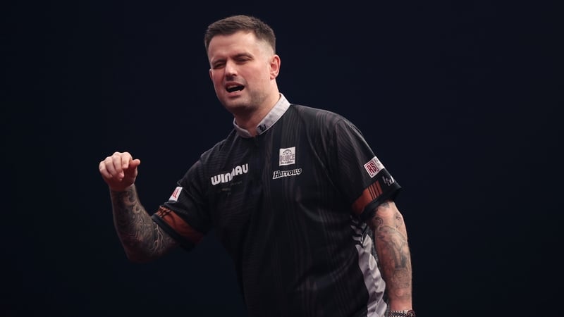 Luke Woodhouse reacts in his match against Luke Humphries during Day 3 of the 2026 Winmau World Masters Darts at Arena MK on January 31, 2026 in Milton Keynes, England.