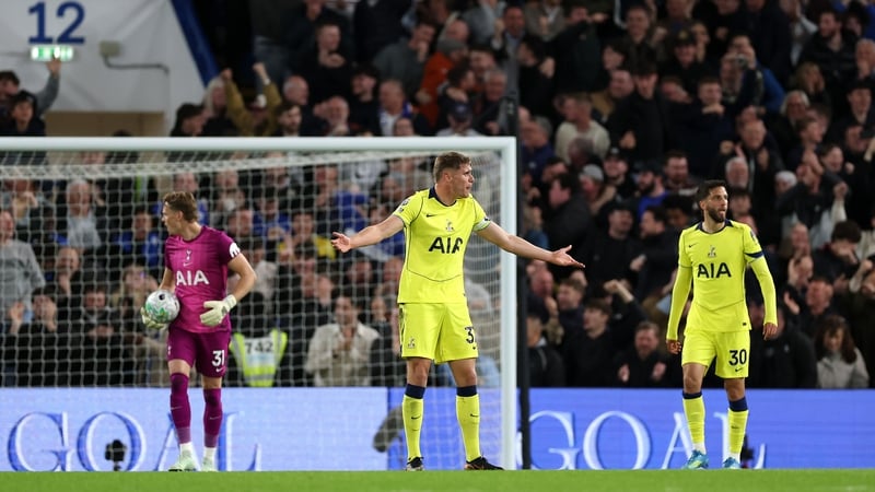 Micky van de Ven of Tottenham Hotspur reacts after Andrey Santos of Chelsea (not pictured) scores his team's second goal during the Premier League match between Chelsea and Tottenham Hotspur at Stamford Bridge on May 19, 2026 in London, England.