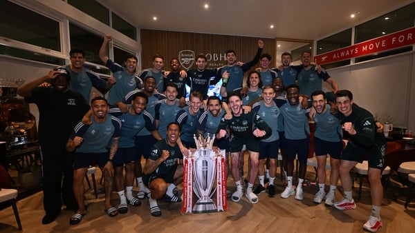 LONDON COLNEY, ENGLAND - MAY 19: The Arsenal players celebrate winning the Premier League after watching AFC Bournemouth v Manchester City at Sobha Realty Training Centre on May 19, 2026 in London Colney, England. (Photo by Stuart MacFarlane/Arsenal FC vi