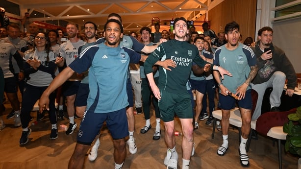 LONDON COLNEY, ENGLAND - MAY 19: (L-R) Jurrien Timber, Declan Rice, Piero Hincapie and Tommy Setford of Arsenal watch AFC Bournemouth v Manchester City at Sobha Realty Training Centre on May 19, 2026 in London Colney, England. (Photo by Stuart MacFarlane/Arsenal FC via Getty Images)