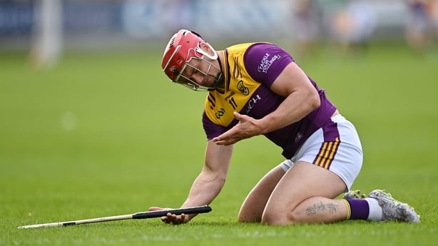 16 May 2026; Lee Chin of Wexford checks his hand for an injury after being fouled during the Leinster GAA Senior Hurling Championship Round 4 match between Offaly and Wexford at Glenisk O'Connor Park in Tullamore, Offaly. Photo by Tom Beary/Sportsfile