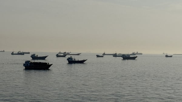 Vessels are seen anchored in the Strait of Hormuz, off the port city of Khasab on Oman's northern Musandam Peninsula.