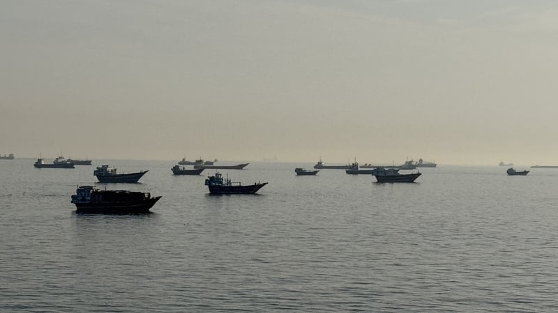Vessels are seen anchored in the Strait of Hormuz, off the port city of Khasab on Oman's northern Musandam Peninsula.