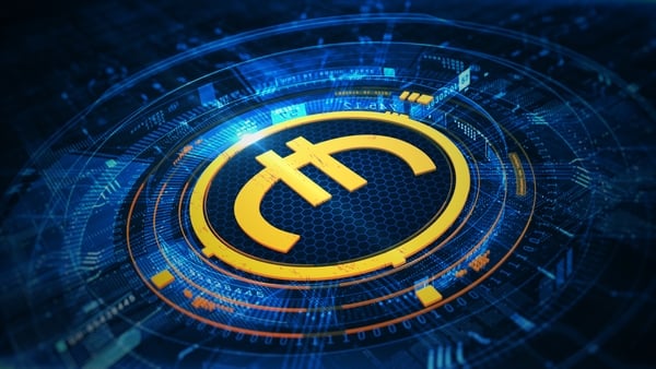 Euro symbol set in a futuristic blue digital interface