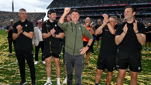 27 July 2025; Kerry manager Jack O'Connor, and his backroom staff, from left, selector Aodán Mac Gearailt, nutritionist John O'Connor, masseur Harry O'Neill and son Cian O'Connor celebrate after the GAA Football All-Ireland Senior Championship final match between Kerry and Donegal at Croke Park in D