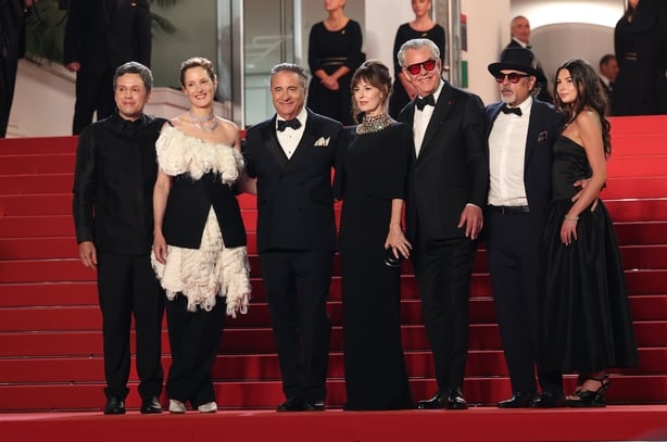 CANNES, FRANCE - MAY 19: (L-R) Paul Soriano, Vicky Krieps, Andy García, Rosemarie DeWitt, Danny Huston, Jai Stefan and Sofia Stefan attend the "Diamond" screening during the 79th annual Cannes Film Festival at Palais des Festivals on May 19, 2026 in Cannes, France. (Photo by Gisela Schober/Getty Ima