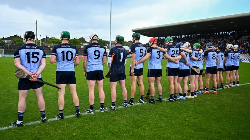 16 May 2026; Dublin players stand for the playing of Amhrán na bhFiann before the Leinster GAA Senior Hurling Championship Round 4 match between Galway and Dublin at Pearse Stadium in Galway. Photo by Piaras Ó Mídheach/Sportsfile