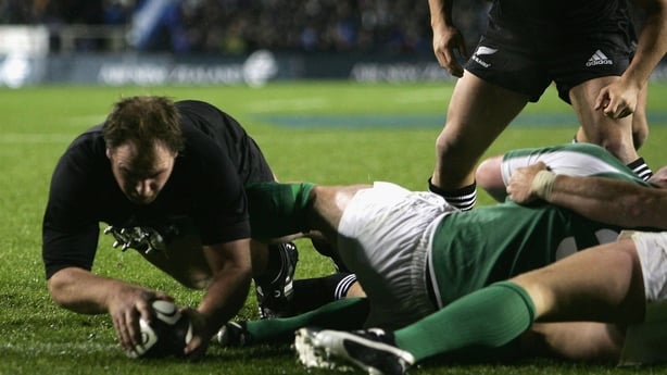 AUCKLAND, NEW ZEALAND - JUNE 17: Clarke Dermody of the All Blacks scores a try as team mate Byron Kelleher (R) looks on during the international rugby test match between the New Zealand All Blacks and Ireland at Eden Park June 17, 2006 in Auckland, New Zealand. (Photo by Ross Land/Getty Images)
